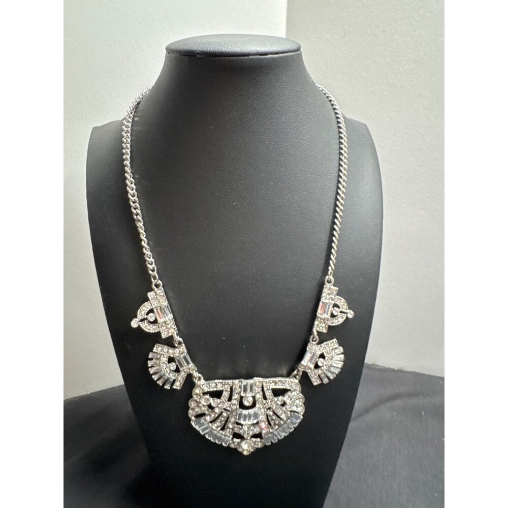 Vintage Silver Necklace With Rhinestones & Art Deco Design